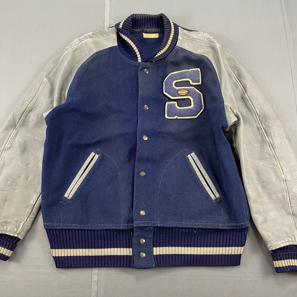 Vintage 60's Blue And Grey Wool Varsity Letterman Jacket Mens XL